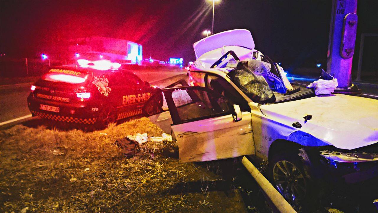 High speed crash into pole in the Brakfontein Interchange, Pretoria.