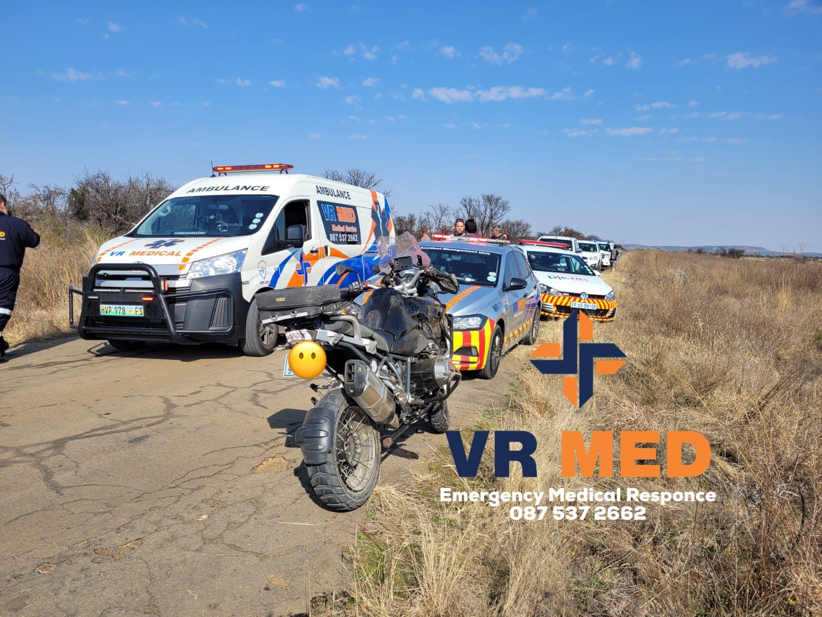 Motorbike collision on the Maselspoort gravel road between Glen and Maselspoort about 30km outside of Bloemfontein.