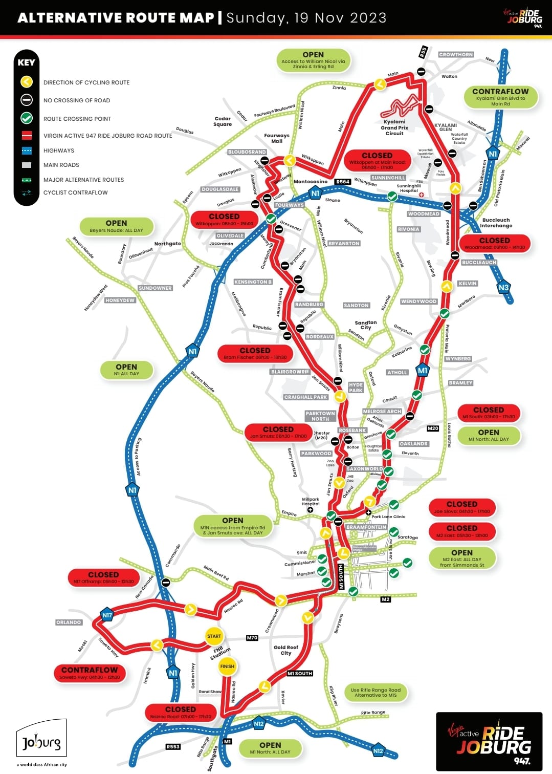 Streets and areas affected by the Virgin Active 94.7 Ride Joburg Cycle Race on Sunday 19 November 2023