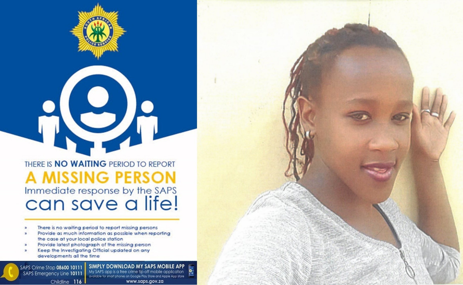 SAPS Despatch detectives are seeking the community's assistance in tracing a 27-year-old Despatch woman who was reported missing in September 2023