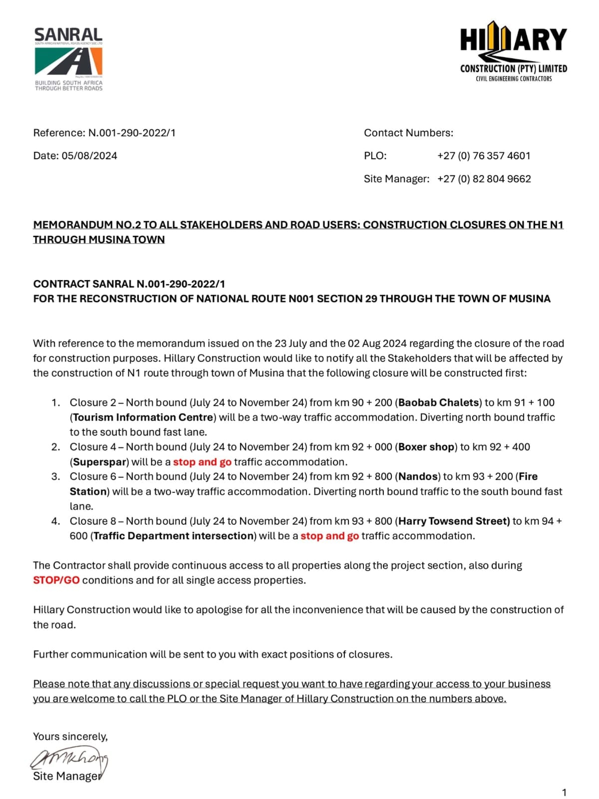Road closures for construction on the N1 through to Musina town from July to November 2024
