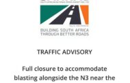 Full closure to accommodate blasting alongside the N3 near the Hammarsdale Interchange