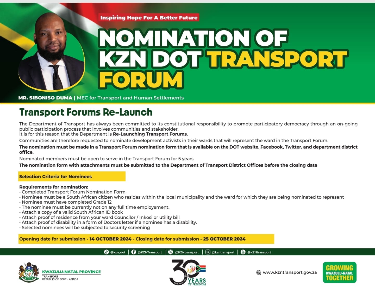 Duma determined to end carnage on our roads through KZN Transport Forum: Calls for nominations of 600 community development activists