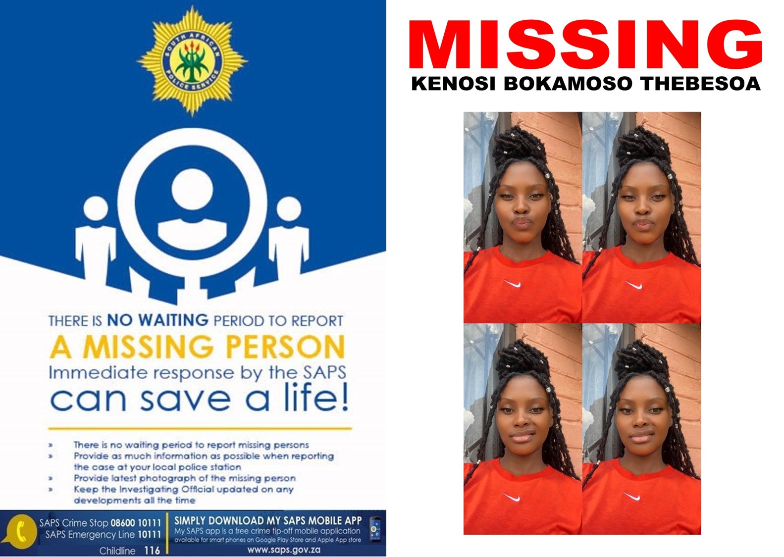 Assist police to find missing Kenosi Bokamoso Thebesoa