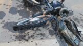 Motorcycle and car collide, motorcycle on fire, Paarl