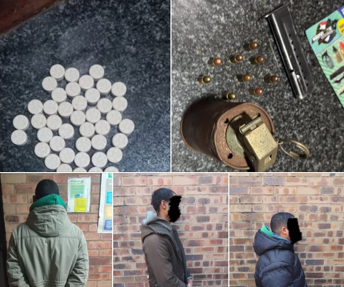 Suspects arrested after being found in possession of a stun grenade and live ammunition