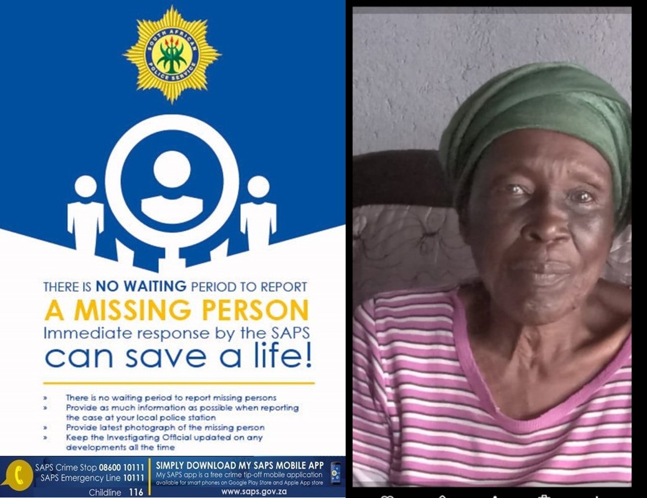 The Police in Belfast are appealing to the community to assist in locating Lahliwe Magrieta Dladla, aged 79
